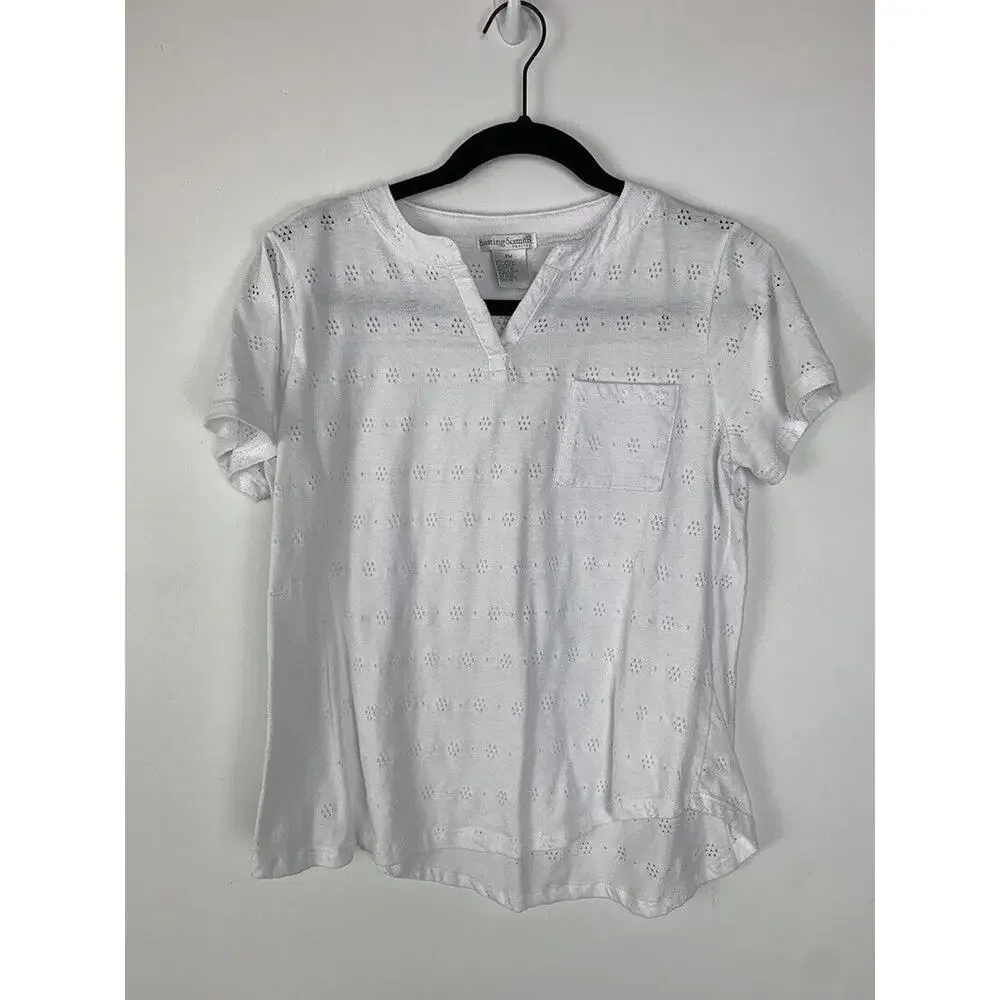 Hasting & Smith Petite Medium Womens White Eyelet Short-Sleeve Cotton Blouse